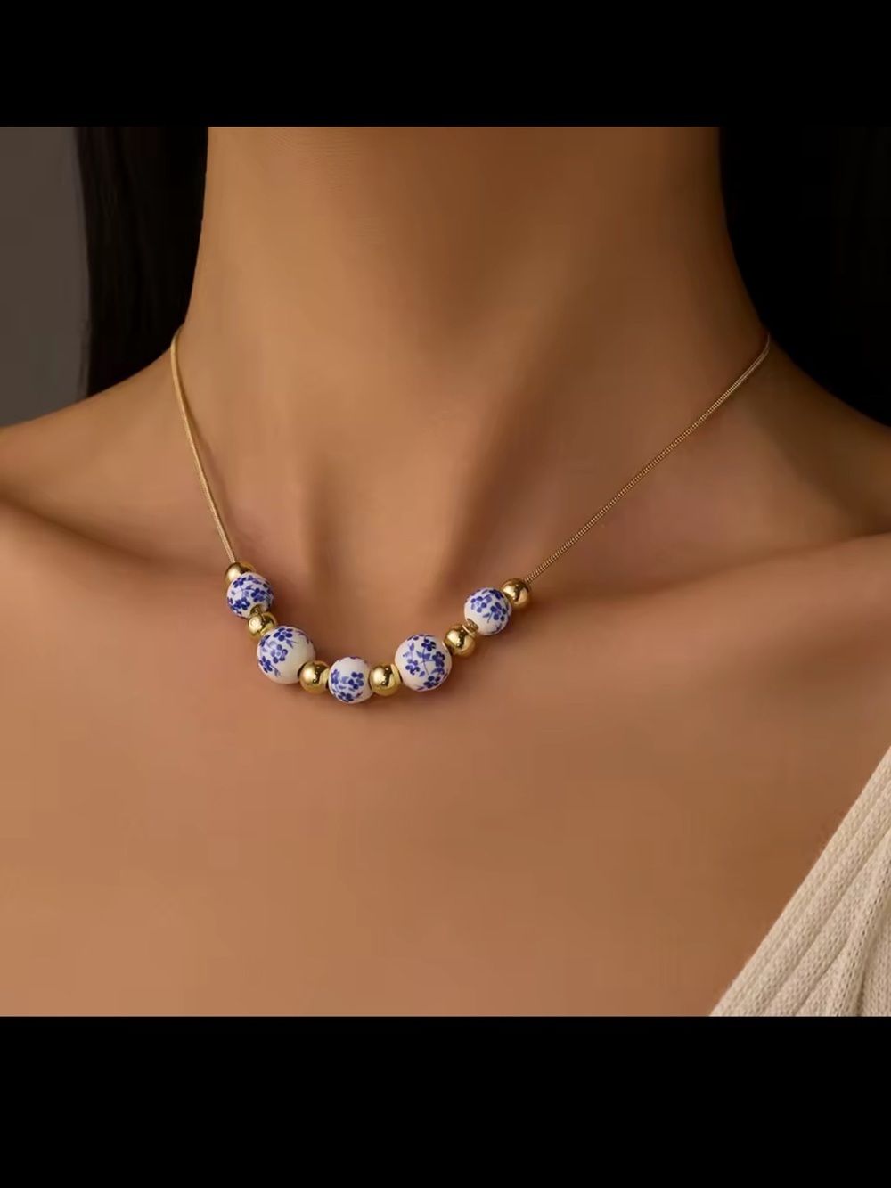 Gold Chain Necklace with Blue and White Floral Beads